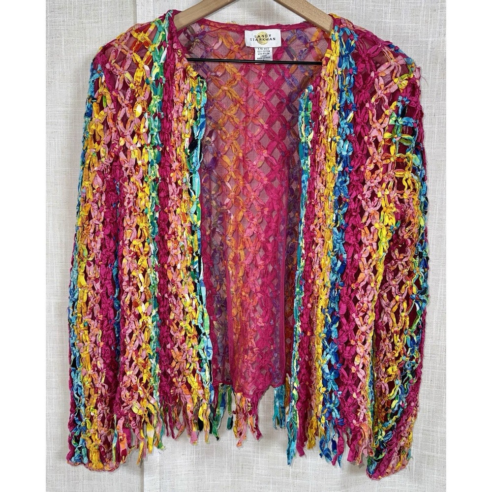Vintage Sandy Starkman Jacket Women's Large Woven‎ Ribbon Textile Colorful Artsy